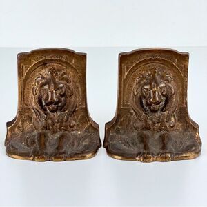 Vintage Pair of Figural Lion Bookends 1920's Metal Lions Cat Statue Book Ends